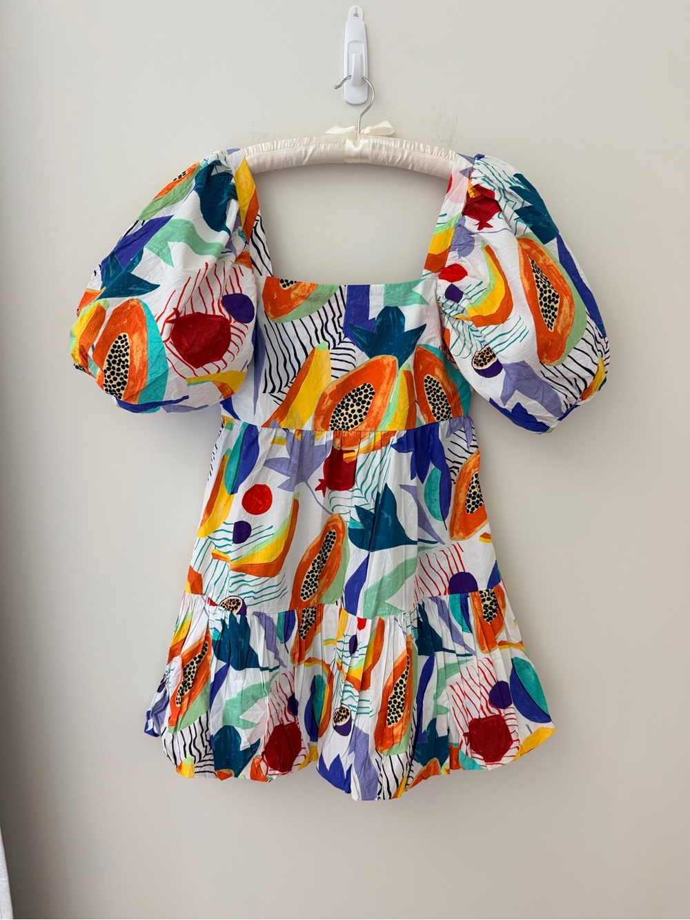 Oliphant Multi-Color bubble hem Puff Sleeve papaya Mini Dress S NEW - Picture 3 of 15